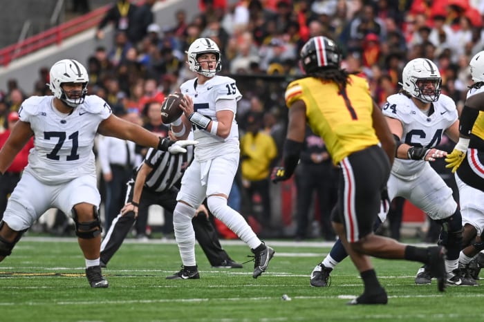 Penn State quarterback Drew Allar drops back to pass against Maryland at SECU Stadium in College Park, Maryland.